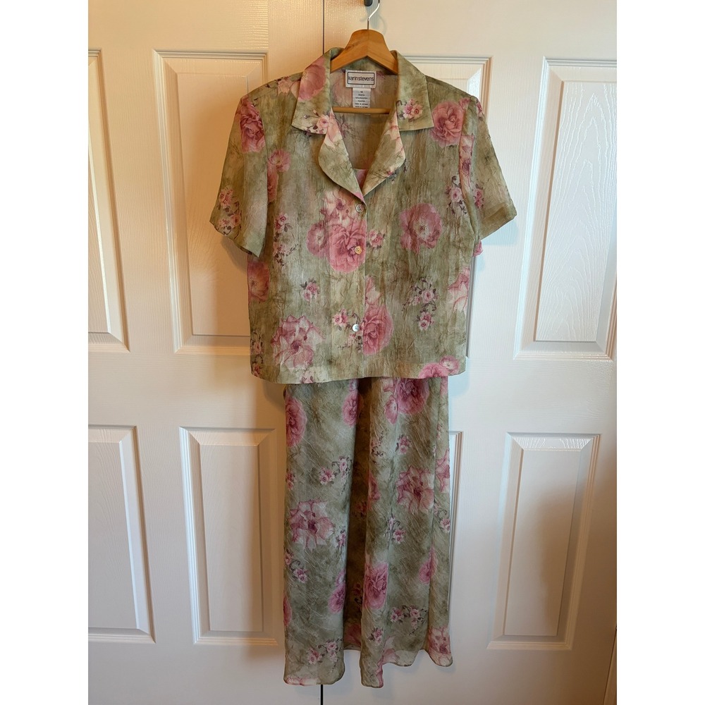 Karin Stevens Vintage Floral Maxi Dress and Jacket Set Pink Green Size 14